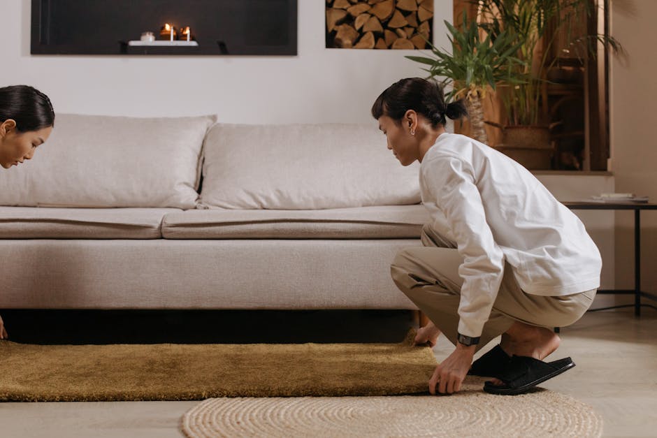 A professional cleaner wearing a white shirt, beige trousers, and black shoes is crouching on the wooden floor of a modern living room, adjusting a beige area rug with a small circular pattern at the edge. The room features a large, light-colored fabric sofa with two matching cushions, a black side table with a potted plant on it, and a wall-mounted fireplace with a decorative display of candles on top. The background includes a wall with a modern black frame and stacked firewood, illuminated by soft, ambient lighting. The scene emphasizes surface cleaning and domestic maintenance, as the cleaner carefully arranges the rug on a clean, polished wooden floor, highlighting the importance of proper techniques in carpet and surface cleaning.