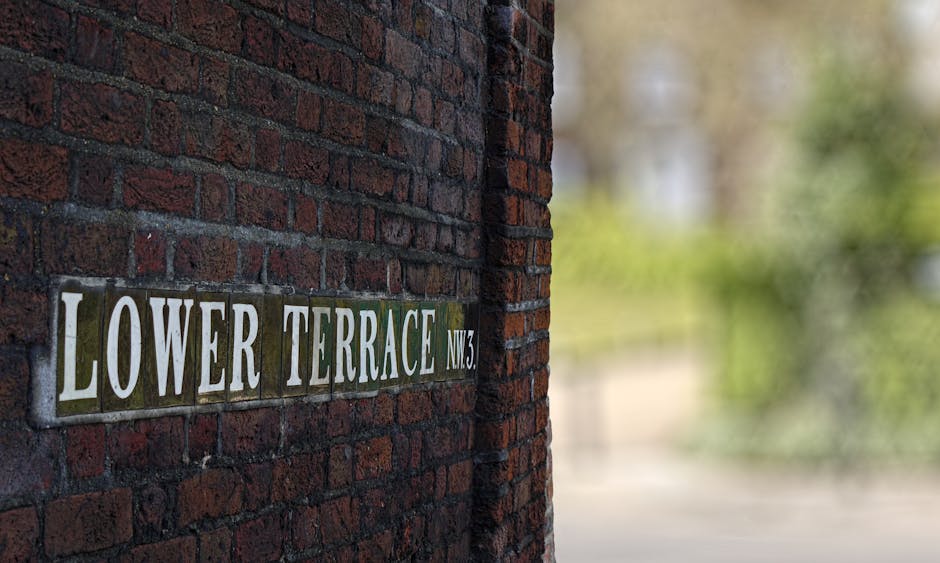 A close-up of a brick wall with a street sign reading 'Lower Terrace NW3' mounted on it. The brick surface is dark red with visible mortar lines, showing some weathering. The sign is made of metal with white lettering on a weathered background and is positioned towards the left side of the image. In the background, out of focus, there is a blurred view of greenery and natural light, indicating a residential or outdoor setting. The lighting appears natural, highlighting the texture of the bricks and contrast between the sign and the wall. This setting suggests a quiet neighborhood street scene, relevant for content related to surface cleaning and maintenance in residential environments, as featured by westhampsteadcarpetcleaning.co.uk.