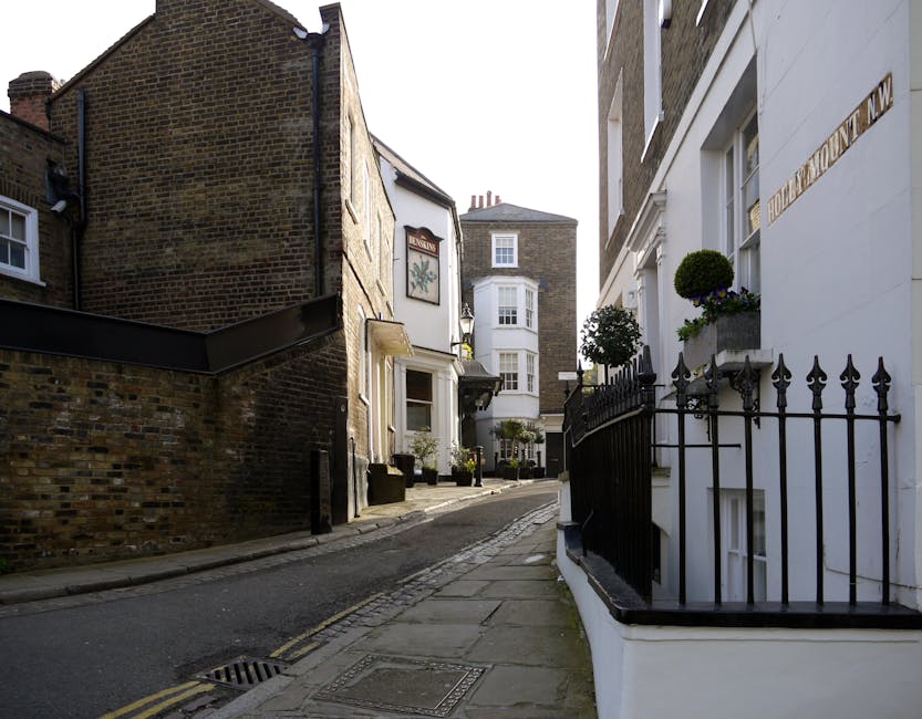 A narrow street in West Hampstead lined with residential buildings featuring a mix of traditional brick and modern white facades. The pavement is clean, with a black wrought iron fence on the right side decorated with potted plants and neatly trimmed topiary. On the left, an old brick wall extends alongside the sidewalk, leading towards a building with a white exterior and window boxes. Bright daylight illuminates the scene, casting shadows on the buildings and creating a clear, crisp atmosphere. The scene emphasizes the tidy, well-maintained appearance of the area, exemplifying the type of environment that would benefit from surface cleaning and domestic janitorial services provided by West Hampstead Carpet Cleaning.